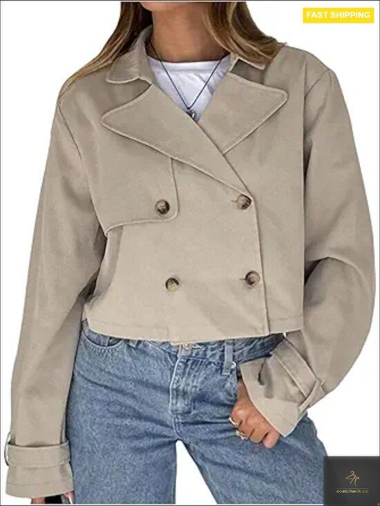 Jackets & Blazers - Cropped Trench Coat Lapel Collar Double Breasted Lightweight Business Casual